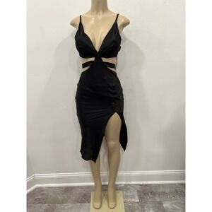Blanc Clothing Cutout Evening Dress Womens Small Black Satin Belted Fromal